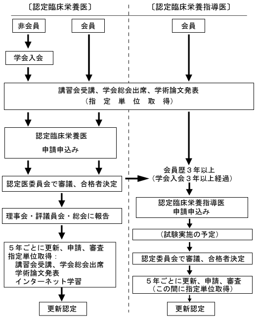 日本臨床栄養学会 認定臨床栄養指導医・栄養医制度 新規申請や更新フロー図